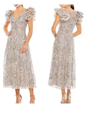 Mac Duggal Taupe Embroidered Midi Dress with Ruffled Cap Sleeves